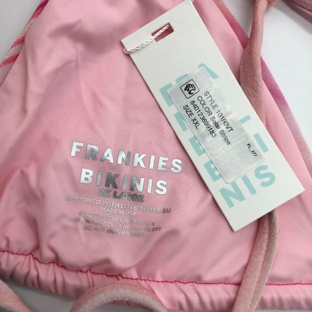 Frankies Bikinis Tia Velvet Bikini Top Halter Tie Back Solar Stripe Pink XXL